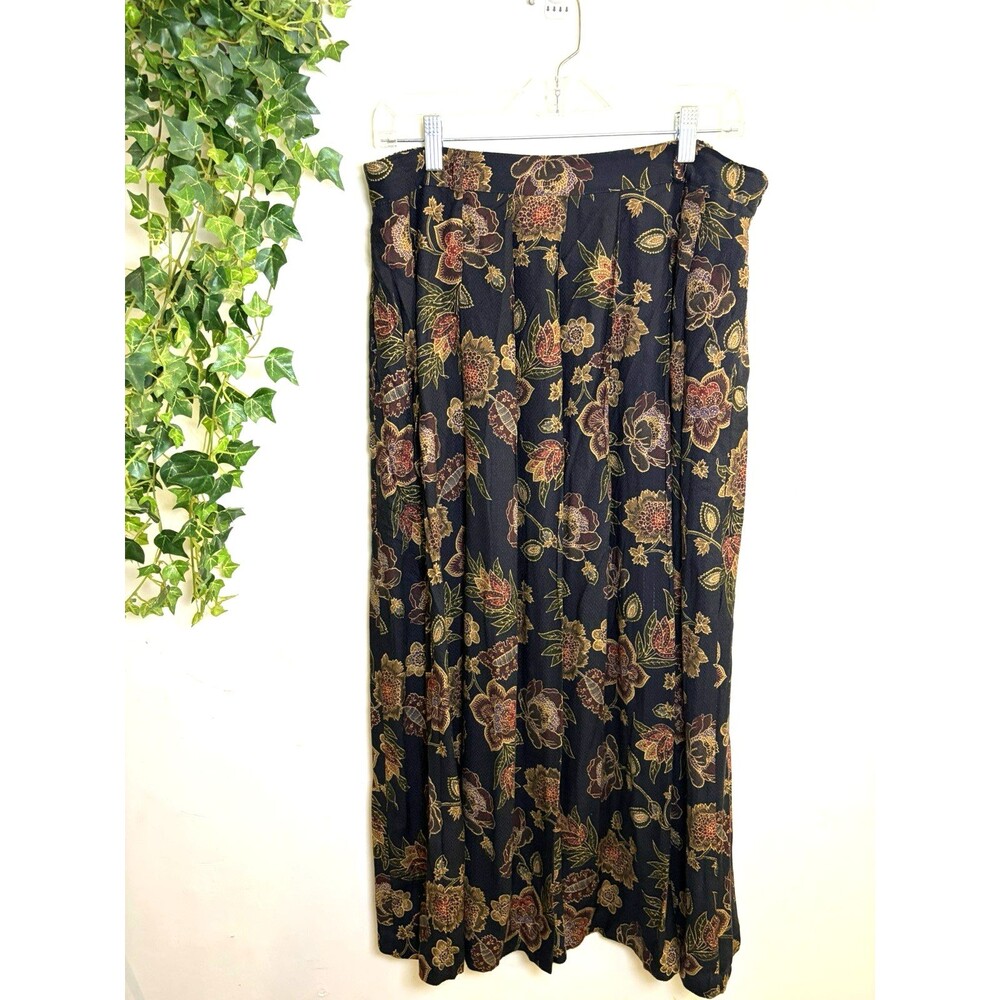 VTG Sag Harbor Maxi Skirt L Multi Dark Florals Print Pleats Elastic Waist Pocket